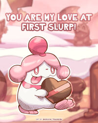 Rule 34 | blurry, blurry background, bright pupils, chocolate, closed mouth, commentary, creatures (company), english text, game freak, gen 6 pokemon, highres, holding, kelvin-trainerk, nintendo, no humans, pink eyes, pokemon, pokemon (creature), slurpuff, smile, solo, tongue, tongue out, twitter username, watermark, white pupils