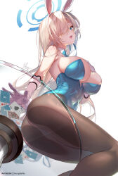Rule 34 | 1girl, against glass, animal ears, aqua bow, aqua bowtie, aqua leotard, ass, ass press, asuna (blue archive), asuna (bunny) (blue archive), bare shoulders, blue archive, blue eyes, blue ribbon, bow, bowtie, breasts, covered navel, detached collar, fake animal ears, gloves, hair over one eye, hair ribbon, halo, highleg, highleg leotard, hong (white spider), large breasts, leotard, long hair, looking at viewer, mole, mole on breast, official alternate costume, pantyhose, playboy bunny, rabbit ears, ribbon, smile, solo, white background, white gloves