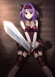 Rule 34 | absurdres, adel (blazing souls), blazing souls, boots, brown eyes, brown ribbon, commission, detached sleeves, dress, feet out of frame, hair ribbon, hairband, highres, holding, holding sword, holding weapon, knee boots, looking at viewer, purple hair, red hairband, ribbon, ruin re birth, short hair, skeb commission, spectral (series), sweat, sword, thigh strap, thighhighs, weapon