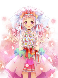Rule 34 | 10s, 1girl, :d, bouquet, bow, choker, cowboy shot, cure yell, cure yell (cheerful style), daisy, flower, hair bow, hair ornament, heart, heart hair ornament, highres, holding, holding bouquet, hugtto! precure, layered skirt, lazy orange, long hair, looking at viewer, magical girl, multicolored bow, nono hana, open mouth, petals, pink background, pink eyes, pink hair, pink skirt, precure, skirt, smile, solo, standing, veil, wavy hair, white background