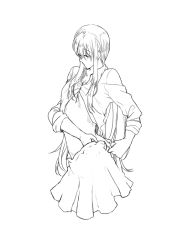 Rule 34 | 10s, 1girl, akemi homura, closed eyes, dress, dressing, greyscale, homulilly, long hair, mahou shoujo madoka magica, mahou shoujo madoka magica: hangyaku no monogatari, monochrome, no mouth, open clothes, open shirt, papeapoo, ribs, shirt, skirt, solo, spoilers, transparent background, witch (madoka magica)