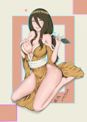 Rule 34 | 1girl, absurdres, barefoot, grabbing another&#039;s breast, breasts, brown hair, brown kimono, cleavage, collarbone, commentary request, dated, grabbing, grabbing own breast, hair between eyes, hair ribbon, heart, highres, holding, holding knife, hyuuga hanabi, japanese clothes, kimono, knife, kunai, large breasts, long hair, low ponytail, naruto, naruto (series), naruto shippuuden, off shoulder, purple eyes, ribbon, seisen, seiza, side slit, sidelocks, signature, sitting, solo, tress ribbon, weapon