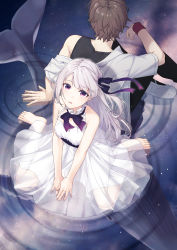 Rule 34 | 1boy, 1girl, absurdres, barefoot, black bow, bow, brown hair, commentary, dress, from above, hair bow, highres, looking at viewer, looking up, original, purple eyes, ripples, sitting, space, wariza, whale, white dress, white hair, wristband