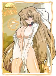 Rule 34 | 1girl, aoi kimi, between breasts, breasts, brown eyes, brown hair, cleavage, covering privates, framed, hair ribbon, highres, kyoukaisenjou no horizon, large breasts, light smile, long hair, looking at viewer, musical note, navel, ribbon, satoyasu, see-through, shirt tug, solo, standing, test tube, virtualcity-ex