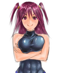 Rule 34 | 10s, 1girl, abs, bare shoulders, breasts, crossed arms, female focus, infinite stratos, large breasts, long hair, maron torisu, nohotoke honne, purple eyes, purple hair, short twintails, skin tight, smile, solo, twintails, white background