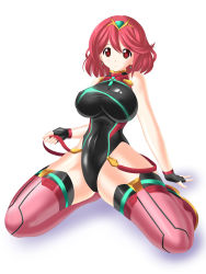 Rule 34 | 1girl, black one-piece swimsuit, breasts, competition swimsuit, covered navel, earrings, fingerless gloves, gloves, headpiece, highres, jewelry, large breasts, nintendo, one-piece swimsuit, pyra (pro swimmer) (xenoblade), pyra (xenoblade), red eyes, red hair, red shorts, short hair, shorts, solo, swept bangs, swimsuit, tiara, xenoblade chronicles (series), xenoblade chronicles 2, yakkey