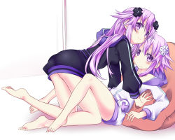 Rule 34 | 10s, 2girls, adult neptune, against furniture, all fours, arm support, barefoot, bean bag chair, blush, d-pad, dual persona, hair ornament, hood, hoodie, long hair, looking at viewer, lying, minagi, multiple girls, naked hoodie, neptune (neptunia), neptune (series), on back, purple eyes, purple hair, selfcest, shin jigen game neptune vii, short hair, smile, wavy mouth, yuri