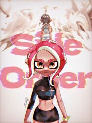 Rule 34 | 2girls, agent 8 (splatoon), ass, back-to-back, black skirt, bodysuit, breasts, brown hair, closed mouth, copyright name, crop top, dark-skinned female, dark skin, elbow sleeve, glitch, groin, long hair, looking at viewer, medium breasts, miniskirt, multiple girls, navel, nintendo, octoling, octoling girl, octoling player character, orange eyes, pantylines, pencil skirt, red hair, signature, single bare shoulder, single sleeve, skirt, sleeveless, sleeveless bodysuit, splatoon (series), splatoon 2, splatoon 2: octo expansion, splatoon 3, splatoon 3: side order, standing, suction cups, taniai 0016, tentacle hair, turtleneck, white bodysuit, zipper, zipper pull tab