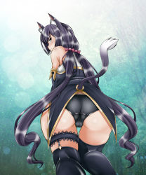 Rule 34 | 1girl, animal ears, ass, bare shoulders, black eyes, black hair, blush, bow, cameltoe, cat ears, cat tail, cleft of venus, come hither, detached sleeves, from behind, hair bow, highres, huge ass, karyl (princess connect!), long hair, looking at viewer, looking back, low twintails, panties, princess connect!, shiny clothes, shiny skin, smile, solo, tail, thighhighs, tk (butakuma), twintails, underwear, very long hair