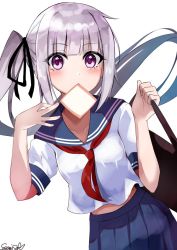 Rule 34 | 1girl, alternate costume, bag, blue sailor collar, blue skirt, bread slice, brown eyes, commentary request, food, food in mouth, kantai collection, kasumi (kancolle), long hair, looking at viewer, midriff peek, mouth hold, neckerchief, pleated skirt, red neckerchief, sailor collar, sazamiso rx, school bag, school uniform, serafuku, shirt, short sleeves, side ponytail, signature, silver hair, simple background, skirt, solo, toast, toast in mouth, white background, white shirt