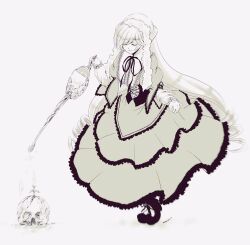 Rule 34 | 1girl, closed eyes, dress, drill hair, flower, full body, head scarf, highres, holding, holding watering can, kiru (m putorius), lolita fashion, long hair, long sleeves, monochrome, rozen maiden, simple background, sketch, skull, smile, solo, suiseiseki, very long hair, watering, watering can