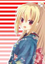 Rule 34 | 1girl, :d, absurdres, ahoge, alternate costume, arihara nanami, back bow, blue kimono, blush, bow, commentary request, drop shadow, floral print, from side, hair between eyes, hair ornament, highres, japanese clothes, kimono, long hair, looking at viewer, nakigee, open mouth, pom pom (clothes), pom pom hair ornament, ponytail, red bow, red eyes, riddle joker, simple background, smile, solo, straight hair, striped, striped background, upper body, very long hair