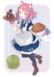Rule 34 | 1girl, animal ear fluff, animal ears, animal hands, apron, black pantyhose, blue eyes, blue shirt, blue skirt, boots, bow, braid, brown footwear, cat ears, cat girl, cat paws, cat tail, commentary request, frilled apron, frills, full body, gloves, gradient hair, high heel boots, high heels, holding, holding tray, kanzaki hiro, looking at viewer, maid, maid apron, medium hair, multicolored hair, original, pantyhose, paw gloves, pink hair, purple hair, ribbon, shirt, side braids, skirt, skirt set, solo, swept bangs, tail, tail bow, tail ornament, tail ribbon, tray, twin braids, w arms, white apron