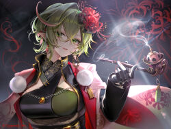 Rule 34 | 1girl, black gloves, black shirt, breasts, chain, coat, dark background, elf, floral print, flower, fluffy, gloves, gold, green eyes, green hair, hair between eyes, hair flower, hair ornament, hand up, high collar, highres, holding, holding smoking pipe, japanese clothes, jewelry, kouyafu, long sleeves, looking at viewer, magachiyo (shadowverse), medium breasts, official art, open mouth, original, pointy ears, shadowverse, shirt, short hair, simple background, smile, smoke, smoking pipe, solo, teeth, upper body