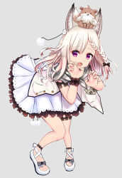 Rule 34 | 1girl, nanashi inc., animal ears, animare, bad id, bad pixiv id, bent over, braid, full body, grey background, grey hair, hair ornament, highres, long hair, looking at viewer, open mouth, paw pose, purple eyes, shiromiya mimi, shoes, solo, virtual youtuber, white hair, wolf ears
