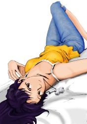 Rule 34 | 1girl, bed, breasts, brown eyes, camisole, casual, colorized, cross, dutch angle, highres, jewelry, katsuragi misato, lips, lying, necklace, neon genesis evangelion, on back, purple hair, shorts, solo, third-party edit