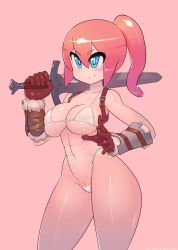 Rule 34 | abs, bikini, blue eyes, blush stickers, bracer, breasts, cleavage, collarbone, cosplay, dovahkiin, dovahkiin (cosplay), dovakini-chan (nisetanaka), eyelashes, gloves, heart-shaped pubic hair, highleg, highleg bikini, highres, holding, holding sword, holding weapon, large breasts, micro bikini, multicolored hair, nisetanaka, over shoulder, ponytail, pubic hair, red hair, shaped pubic hair, smile, standing, swimsuit, sword, the elder scrolls, the elder scrolls v: skyrim, thick eyebrows, two-tone hair, weapon, weapon over shoulder, white bikini, wide hips