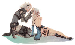 Rule 34 | 1boy, 1girl, arm support, ass, ass cutout, asymmetrical clothes, backless outfit, bandages, braid, clothing cutout, flower, gloves, hair ornament, hand on head, kaimayo, kaine (nier), lingerie, lying, negligee, nier, nier (series), nier (brother), on side, short hair, underwear, white hair