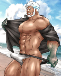 Rule 34 | 1boy, abs, aegir (housamo), bara, bare pectorals, beard, blue eyes, briefs, bulge, cloud, cloudy sky, cowboy shot, dark-skinned male, dark skin, earrings, erection, erection under clothes, artistic error, facial hair, fins, jewelry, large pectorals, looking at viewer, male focus, male swimwear, male swimwear pull, male underwear, manly, muscular, navel, nipples, open clothes, open shirt, pectorals, pulling own clothes, short hair, single earring, sky, smile, solo, sunfight0201, swim briefs, swim briefs pull, swimsuit, thick thighs, thighs, tokyo houkago summoners, underwear, white hair, white male swimwear, white swim briefs