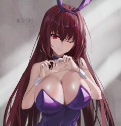 Rule 34 | 1girl, animal ears, bow, bowtie, breasts, cleavage, detached collar, fake animal ears, fate/grand order, fate (series), hairband, heart, heart hands, highres, large breasts, leotard, long hair, looking at viewer, official alternate costume, one eye closed, playboy bunny, purple bow, purple bowtie, purple hair, purple hairband, purple leotard, rabbit ears, red eyes, scathach (fate), scathach (piercing bunny) (fate), smile, solo, strapless, strapless leotard, user vdkm2347, very long hair, wrist cuffs