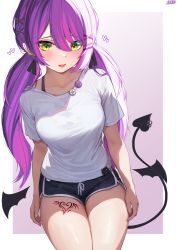 Rule 34 | 1girl, :d, absurdres, badge, barbell piercing, button badge, colored inner hair, demon girl, demon tail, demon wings, dolphin shorts, ear piercing, fang, green eyes, hair ornament, hairclip, highres, holoforce, hololive, industrial piercing, kkato, leg tattoo, long hair, multicolored hair, nail polish, open mouth, piercing, pink hair, pointy ears, purple hair, shirt, short shorts, shorts, smile, solo, t-shirt, tail, tail ornament, tail piercing, tattoo, thighs, tokoyami towa, twintails, virtual youtuber, white shirt, wings, yellow nails