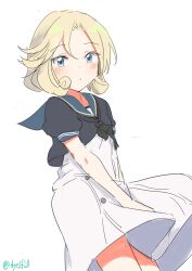 Rule 34 | 1girl, absurdres, black jacket, black neckerchief, blonde hair, blue eyes, blue sailor collar, dress, feet out of frame, highres, jacket, janus (kancolle), kantai collection, neckerchief, one-hour drawing challenge, parted lips, robinson (day l full), sailor collar, short hair, short sleeves, simple background, solo, twitter username, white background, white dress