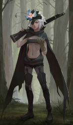 Rule 34 | 10s, 1girl, bandeau, boots, breasts, cleavage, cloak, eyepatch, flamie speeddraw, flower, forest, full body, glowing, glowing hand, hair flower, hair ornament, highres, nature, navel, rokka no yuusha, short shorts, shorts, silver hair, singe glove, solo, stomach, thigh boots, thighhighs, tree, yagaminoue