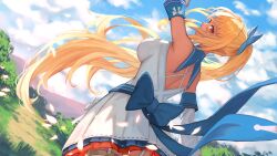 Rule 34 | absurdres, back, barcy, blue ribbon, breasts, cloud, dark-skinned female, dark skin, detached sleeves, dress, feathers, from behind, garter straps, high ponytail, highres, hololive, large breasts, long hair, long sleeves, looking at viewer, looking back, pointy ears, ribbon, shiranui flare, shiranui flare (1st costume), thighhighs, very long hair, virtual youtuber, white dress, white sleeves, white thighhighs