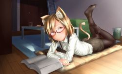 Rule 34 | 1girl, animal ears, ass, bad perspective, bedroom, black pantyhose, black shorts, blonde hair, book, buttons, cat ears, cat girl, cat tail, check commentary, collared shirt, commentary request, cuo, cup, day, drinking glass, feet, feet up, full body, futon, glasses, hair ornament, hairclip, indoors, kasai jushi, legs up, pantyhose under shorts, long sleeves, looking at viewer, looking to the side, lying, on stomach, open book, original, pantyhose, pantyhose under shorts, red-framed eyewear, red eyes, room, semi-rimless eyewear, shirt, short hair, shorts, skirt, soles, solo, sunlight, suspenders, table, tail, the pose, white shirt, wooden floor