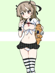 Rule 34 | 1girl, absurdres, blush, boko (girls und panzer), breasts, brown eyes, brown hair, cameltoe, cleavage, girls und panzer, highres, holding, holding stuffed toy, long hair, looking at viewer, misakichi (fechisupi777), navel, nipples, open mouth, panties, shimada arisu, small breasts, smile, solo, striped clothes, striped thighhighs, stuffed toy, thighhighs, underwear, white panties