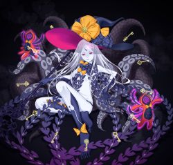 Rule 34 | 1girl, abigail williams (fate), abigail williams (third ascension) (fate), bare shoulders, black bow, black hat, black panties, bow, breasts, colored skin, fate/grand order, fate (series), feet, forehead, hat, highres, kamineko8, keyhole, legs, long hair, multiple bows, orange bow, panties, parted bangs, red eyes, small breasts, solo, tentacles, third eye, underwear, white hair, white skin, witch hat