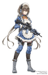 Rule 34 | 1girl, apron, assault rifle, black gloves, black hair, black thighhighs, blouse, blue shirt, blue skirt, boots, bow, bowtie, breasts, camouflage, cleavage, commentary, copyright notice, ear protection, frilled apron, frilled skirt, frills, full body, gloves, grey footwear, gun, hair between eyes, hashtag, highres, holding, holding weapon, holster, juliet sleeves, knee pads, load bearing vest, long hair, long sleeves, looking at viewer, m4 carbine, maid, maid apron, maid headdress, medium breasts, military, orange bow, orange bowtie, original, parted lips, pinakes, puffy sleeves, rifle, shirt, sideways glance, simple background, skirt, solo, tachi-e, tactical clothes, tactical maid, thighhighs, translated, unconventional maid, urban camouflage, v-shaped eyebrows, weapon, white background, wrist cuffs, yellow eyes