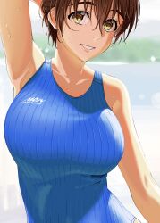 Rule 34 | 1girl, absurdres, arm up, armpits, blue one-piece swimsuit, blurry, blurry background, breasts, brown eyes, brown hair, collarbone, competition swimsuit, dr. gero (staedtler 0508), highres, idolmaster, idolmaster cinderella girls, large breasts, looking at viewer, oikawa shizuku, one-piece swimsuit, outdoors, short hair, solo, swimsuit, upper body, water drop, wet, wet hair