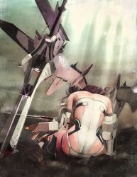Rule 34 | 1girl, absurdres, airport96, alice gear aegis, back, commentary request, dirt, highres, mecha musume, pink hair, planted, planted sword, planted weapon, sitting, solo, sword, weapon, yotsuya yumi