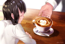 Rule 34 | 1boy, 1girl, black hair, blurry, cappuccino, closed eyes, closed mouth, coffee, cup, dated, depth of field, hanekoto, latte art, letterboxed, long hair, original, out of frame, saucer, solo focus, spoon, table, teacup