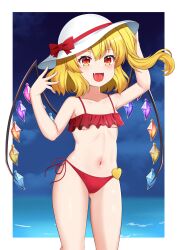 Rule 34 | 1girl, :d, absurdres, akasaka sato, alternate costume, arms up, bikini, blonde hair, blush, border, breasts, collarbone, crystal, fang, flandre scarlet, frilled bikini, frills, hat, heart, highres, horizon, navel, one side up, open mouth, outdoors, outside border, petite, red bikini, red eyes, short hair, sky, slit pupils, small breasts, smile, solo, standing, swimsuit, tongue, touhou, underboob, water, white border, wings