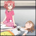Rule 34 | 10s, 2girls, animated, blush, bouncing breasts, breast poke, breasts, brown hair, closed eyes, collarbone, female focus, flower, green eyes, jiggle, kunikida hanamaru, kurosawa ruby, large breasts, long hair, looking at another, love live!, love live! sunshine!!, lying, multiple girls, on back, outdoors, poking, red hair, shipii (jigglypuff), skirt, smile, thighhighs, twintails, two side up, video, yuri