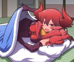 Rule 34 | 1girl, blush, breasts, come hither, demon girl, elbow gloves, fang, futon, gloves, horns, large breasts, lifting covers, long hair, looking at viewer, lying, maou beluzel, matsuda yuusuke, multicolored eyes, naughty face, on side, pantyhose, pillow, red eyes, red hair, smile, solo, tatami, under covers, very long hair, yuusha to maou