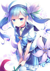 Rule 34 | 1girl, absurdres, blue angel, blue bow, blue bowtie, blue choker, blue eyes, blue hair, blue skirt, blunt bangs, blush, bow, bowtie, choker, commentary request, duel monster, feet out of frame, flower, hair flower, hair ornament, hat, highres, holding, kanzakietc, leaning forward, light smile, long hair, looking at viewer, pantyhose, petticoat, puffy short sleeves, puffy sleeves, purple flower, sailor collar, sailor hat, shirt, short sleeves, sidelocks, skirt, solo, standing, twintails, very long hair, white hat, white pantyhose, white shirt, wrist guards, yu-gi-oh!, zaizen aoi