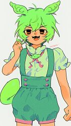 Rule 34 | 1girl, :3, arm at side, babibu baby, blush, brooch, brown eyes, clenched hand, commentary, cowboy shot, edamame, food, green hair, green shirt, green shorts, grey background, half-closed eyes, hand up, highres, holding, holding food, jewelry, legs apart, long hair, looking at viewer, low ponytail, neck ribbon, open mouth, pink ribbon, puffy short sleeves, puffy shorts, puffy sleeves, ribbon, shirt, shirt tucked in, short sleeves, shorts, signature, simple background, solo, standing, straight-on, suspender shorts, suspenders, symbol-only commentary, v-shaped eyebrows, voicevox, zundamon
