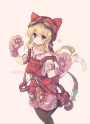 Rule 34 | 1girl, animal ears, animal hands, animal hat, black pantyhose, blonde hair, blue eyes, blush, boots, brown background, cat ears, cat hat, cat tail, closed mouth, commentary, eiyuu densetsu, fake animal ears, falcom, gloves, goggles, goggles on head, hair between eyes, hat, long hair, looking at viewer, overall skirt, pantyhose, pantyhose under shorts, paw gloves, pink gloves, pink shorts, red footwear, red hat, rento (rukeai), shirt, short shorts, shorts, simple background, solo, sora no kiseki, standing, standing on one leg, tail, tita russell, twitter username, white shirt