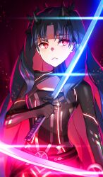 Rule 34 | 1girl, black bodysuit, blue hair, bodysuit, breasts, cleavage, fate/grand order, fate (series), holding, holding sword, holding weapon, ishtar (fate), long hair, mikomiko (mikomikosu), red background, red eyes, red hair, small breasts, solo, space ishtar (fate), space ishtar (first ascension) (fate), sword, teeth, weapon