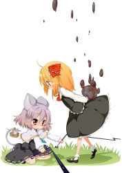 Rule 34 | 2girls, ahoge, animal ears, arms behind back, ascot, bad id, bad pixiv id, basket, blonde hair, capelet, child, darkness, dowsing rod, embodiment of scarlet devil, female focus, grey hair, hair ribbon, highres, jewelry, jigatei (omijin), kneeling, leaning forward, looking down, mary janes, mouse (animal), mouse ears, mouse tail, multiple girls, nazrin, outstretched arms, pendant, red eyes, ribbon, rumia, shoes, short hair, standing, tail, touhou