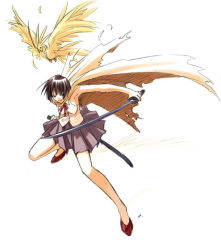 Rule 34 | 1girl, akamatsu ken, aoyama motoko, armpits, bird, black hair, breasts, cape, cloak, crane (animal), feathers, fighting stance, full body, holding, holding sword, holding weapon, legs apart, love hina, magi (cu-little2), outstretched arm, pleated skirt, ribbon, sheath, shippuu (love hina), shoes, short hair, simple background, skirt, solo, sword, tank top, torn clothes, unsheathed, weapon, white background