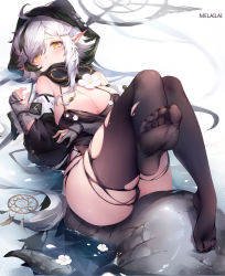 Rule 34 | 1girl, absurdres, ahoge, alternate breast size, arknights, ass, bare shoulders, black legwear, breasts, cleavage, commentary, crocodilian tail, feet, flower, gloves, grey gloves, highres, hood, large breasts, large tail, looking at viewer, melailai, petals, petals on liquid, pointy ears, revision, silver hair, soles, solo, tail, thighs, tomimi (arknights), torn clothes, torn legwear, water, white flower, yellow eyes