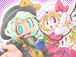Rule 34 | 2girls, black hat, blonde hair, blouse, flandre scarlet, frilled sleeves, frills, green eyes, green hair, hat, hat ribbon, komeiji koishi, long hair, long sleeves, looking at viewer, medium hair, mob cap, multicolored wings, multiple girls, neckerchief, open mouth, outstretched arm, outstretched hand, puffy short sleeves, puffy sleeves, red eyes, red ribbon, red skirt, red vest, ribbon, ribbon-trimmed headwear, ribbon trim, shirt, short sleeves, simple background, sizma, skirt, teeth, third eye, touhou, upper body, upper teeth only, vest, white hat, white shirt, wings, wrist cuffs, yellow neckerchief, yellow shirt