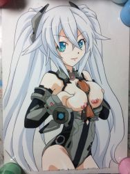 Rule 34 | 10s, 1boy, 1girl, aqua eyes, bare shoulders, black heart (neptunia), blue eyes, blush, bodysuit, breasts, breasts out, breasts squeezed together, clothed sex, cowboy shot, dark-skinned male, dark skin, detached sleeves, disembodied penis, from side, hair between eyes, hair ornament, halterneck, happy sex, hasamimushi, hetero, highres, interracial, kami jigen game neptune v, leotard, leotard pull, lips, long hair, looking at viewer, magical girl, medium breasts, neptune (series), nipples, noire (neptunia), paizuri, penis, simple background, smile, solo focus, symbol-shaped pupils, traditional media, turtleneck, twintails, uncensored, very long hair, white background, white hair