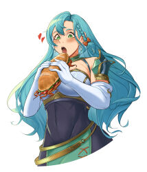 Rule 34 | 1girl, absurdres, aqua hair, armor, bare shoulders, belt, blush, braid, breasts, chloe (fire emblem), covered navel, deliciousbrain, elbow gloves, fire emblem, fire emblem engage, food, gloves, green eyes, heart, highres, holding, holding food, large breasts, long hair, nintendo, open mouth, sandwich, shoulder armor, single braid, solo, upper body, very long hair, white gloves