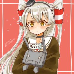 Rule 34 | 1girl, amatsukaze (kancolle), brown dress, cocoperino, commentary request, dated, dress, hair tubes, kantai collection, long hair, one-hour drawing challenge, red background, rensouhou-kun, sailor collar, sailor dress, short dress, silver hair, twitter username, two side up, white sailor collar, yellow eyes