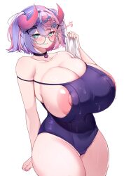 Rule 34 | 5danny1206, black choker, black one-piece swimsuit, blush, breasts, choker, clenched hand, collarbone, commentary request, covered navel, curvy, glasses, grin, hair ornament, hairclip, highres, horns, huge breasts, huge nipples, large areolae, long hair, looking at viewer, multicolored hair, nipple slip, nipples, one-piece swimsuit, original, pink hair, purple hair, round eyewear, short hair, simple background, skindentation, smile, standing, swimsuit, taut clothes, taut swimsuit, two-tone hair, undersized clothes, white background, wide hips, x hair ornament